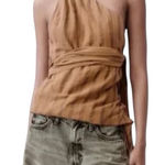 ZARA  100% Cotton One Shoulder Beaded Wrap Blouse Top Tank Brown neutral Sz S Photo 0