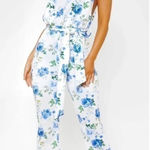 Pretty Little Thing PLT White Blue Floral Scuba High Neck Tie Waist Jumpsuit Women’s Size 12 Photo 0