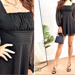 Small Black Ruched Bust Lantern, Sheer long Sleeves Swiss Dots, Knee High Dress. Photo 1