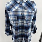 Jachs Girlfriend Bea Plaid Flannel Shirt Blue pearl snaps rollup cuff Women’s M Photo 0