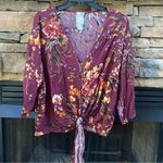 Blu Pepper Anthropologie M  burgundy floral V-Neck Tie Front Blouse new Photo 0