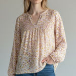 Lucky Brand  Floral Pink and Orange Flowy Smocked Blouse, Size Medium Photo 0