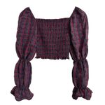 ZARA Blue Red Plaid Puff Sleeve Smocked Cropped Top Size XS Photo 0