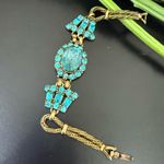 Vintage Unsigned Art Deco Blue Rhinestone Aquamarine Center Rope Chain Bracelet Photo 13