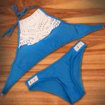 Sexy Womens Blue & White Lace Front Bikini Set Size L Photo 0