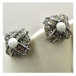 St. John  silver tone and white square clip on earrings Photo 4