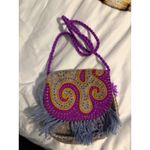 Boho Felt Handbag Small Crossbody Purse Purple Yellow Swirl Fringe Strap Photo 1