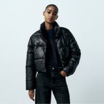 ZARA  Black Faux Leather Puffer Jacket  XL Cropped Mock Neck Gorpcore Streetwear Photo 1