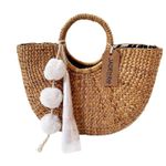 JADEtribe Aloha Woven Basket Bag with White Tassel and Pom Poms NWT Tan Photo 1