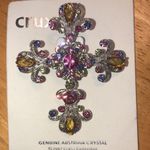 Vintage Crux Silver Tone Religious Cross Pin Brooch Pendant Multicolored Crystal Photo 1