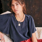 Sézane  Matty Ruffle Silk Short Sleeve Blouse | Sz FR 38 (US 6) | Navy Blue Photo 0