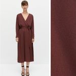 Massimo Dutti Brown Satin Faux Wrap Dolman Sleeve Side Slits Midi Dress Size M Photo 1