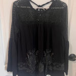 Desigual Black Lace Top Bohemian Blouse Bell Sleeve Embellished Medium NWT Photo 0
