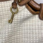 Fossil Tan Tweed Straw Summer Shoulder Bag Wooden Handle Photo 1