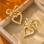 Gold Bow Heart Drop Earrings Elegant Open Heart Dangle Design NWT Photo 2
