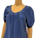 Cynthia Steffe Silk Luxury Blue Short Puff Sleeve Blouse Laced Tie Neck size XS Photo 1
