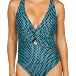 Nicole Miller One Piece Twist Front Plunge Swimsuit in Teal/Black, Size L Photo 0