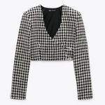 ZARA  Houndstooth Cropped Blazer Jacket Black White Crystal Safety Pins Medium M Photo 1