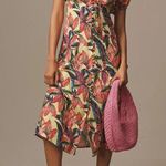 Farm Rio NWT Anthropologie Puff-Sleeve Sweetheart Linen Midi Dress in Yellow Photo 0