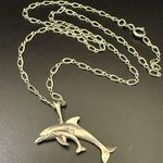 Vintage 925 STERLING Silver Mother & Baby Dolphin Pendant 18” Necklace 6g. Photo 0