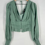 HYFVE  Cropped Top Womens Medium Green Lined Smocked Preppy V-Neck Puff Sleeve Photo 0