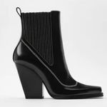 ZARA Topstitched Black Patent Leather Western Boots Heeled Square Toe Slip On 5 Photo 0