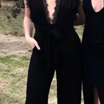 Free People CEM Black Sleeveless Lace Trim Deep V Cinch Waist Wide Leg Jumpsuit Photo 4