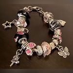 Vintage Pandora Style Silver | Pink Jeweled Charm Bracelet Photo 2