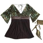 Linda Segal ⌘ Braided Belt Plunging Neckline Top ⌘ Chocolate Mint Leopard ⌘ L Size L Photo 0