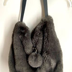 Evelyne Prelonge Faux Fur Shoulder Bag with Pom Pom and Leather Strap Handle Gray Photo 0