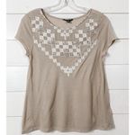 American Eagle  Outfitter Women's Boho Embroidered Short Sleeve Shirt Tan Small Photo 0