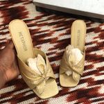 Vintage Metaphor Gold Glitter Glam Rhinestone Party Glamour Evening Kitten Heels Pumps Mules Genuine Leather Square Toe Size 9M Photo 2