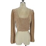 Sage  The Label | Velvet Long‎ Sleeve Ruched Puff Sleeve Pleated Beige Blouse Top Photo 1