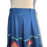 Vintage Handmade Southwest Denim Skirt Tiered Ruffle Hem Abstract Art Appliqué Blue Size L Photo 3