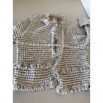 Chico's  Women's Cream Woven Tweed Drape Front Open Cardigan Sweater Fringe 2/L Photo 6