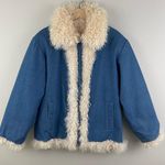 Vintage Y2K Reversible Denim Cream Curly Mongolian Lamb Sheep Fur Jacket Tan Size 6 Photo 2