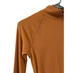 SO  Brand Top Women's S Boho Long Sleeve Ribbed Ruffle Trim Mock Neck Shirt Brown Photo 1