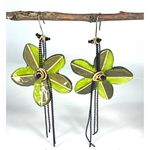 Black Bead VTG Lalo FLOWER EARRINGS 4" Dangle Drop Green Gold Resin Chains Photo 2