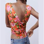 ZARA red pink green rose floral flower tropical ruched draped bodysuit S Photo 4