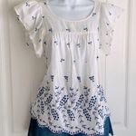 Gap Blue Embroidery Flutter Sleeve Ruffle Scallop Edge Blouse Top Sz Medium Photo 0