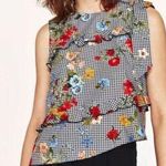 ZARA Black & White Gingham Flora Asymmetrical Ruffle Hem Top Photo 0