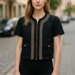 BCBGMAXAZRIA *Chic BCBGMAXARIA Women's XS Black Zip-Up Jacket Gold Trim Trendy Cropped Photo 0