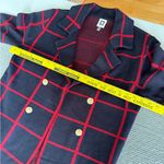Anne Klein  Navy Blue Red Windowpane Plaid Gold Button Knit Blazer Sweater Coat M Photo 9