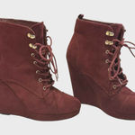 Forever 21 Burgundy Faux Suede Lace-Up Wedge Ankle Boots Women’s Size 10 Photo 0
