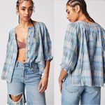 Free People  Oversized Bohemian Gauze Lucy Swing Top in Blue Plaid Size Large Photo 10