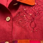 Alfred Dunner  Women’s Red Patchwork Beaded Stitched Linen Button Up Jacket Sz 14 Photo 3