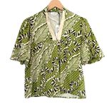 THML NWT Green Palm Print Top Faux Leather Trim Puff Sleeve Blouse Size XS Photo 2