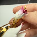 Pink & White Porcelain Rose Bud Flower Stem Brooch Pin Gold Tone Signed CR Photo 3