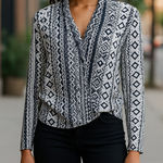 Bisou Bisou Womens Top Size Small Black White Crossover Tribal Print Lace Photo 0