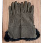 VTG Rabbit Fur Cuff Gloves Ladies Women Size 6.5 Green Leather Black Mob Wife Photo 3